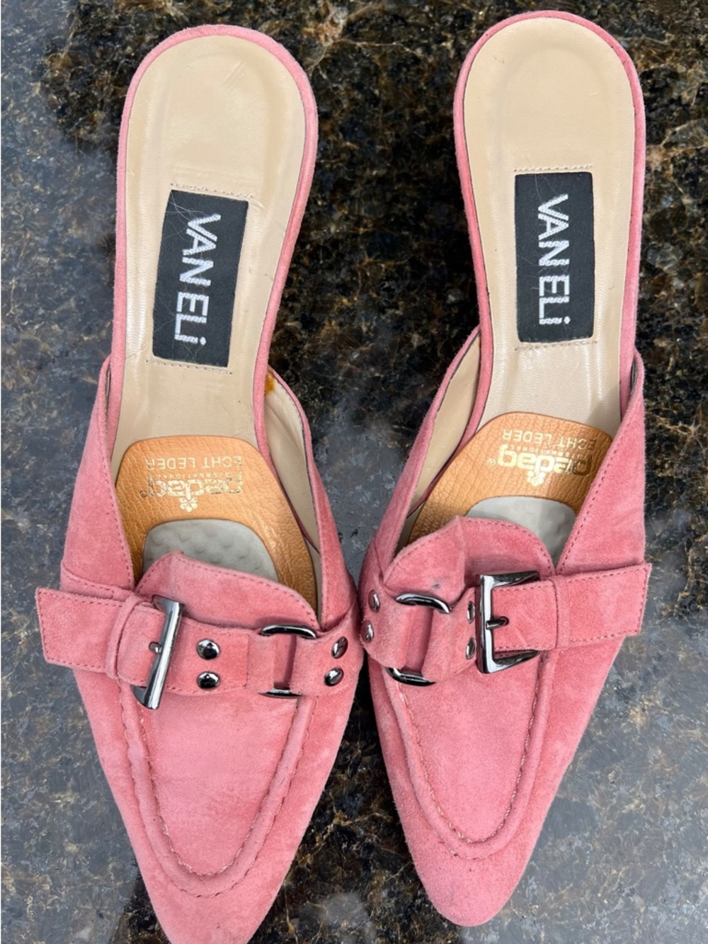 Vaneli Rose Pink Suede Buckle Mules